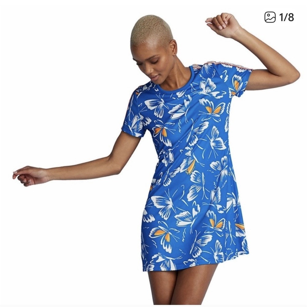Farm Rio X Adidas Womens Blue Butterfly Print Dress Short Sleeve Medium